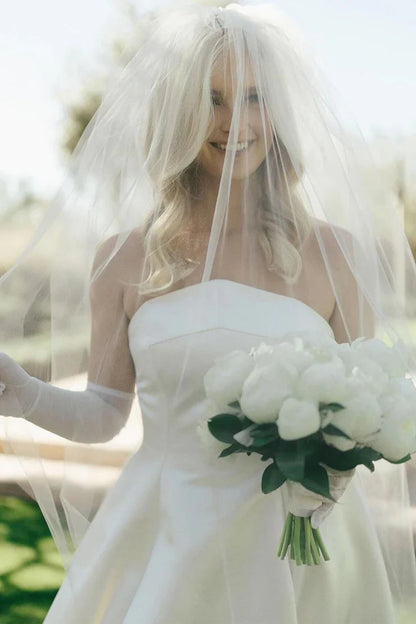 A-Line Strapless Off-the-Shoulder Satin Floor-Length Wedding Dresses with Train