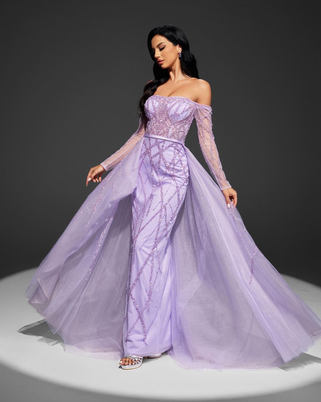 Sheath Mermaid Sparking Beaded Mesh Strapless Off the Shoulder Sequin Prom Dress With Long Sleeve