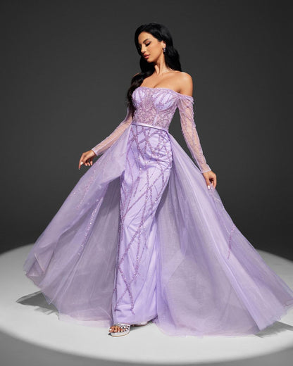 Sheath Mermaid Sparking Beaded Mesh Strapless Off the Shoulder Sequin Prom Dress With Long Sleeve