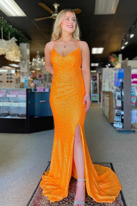 Mermaid V Neck Spaghetti Strap Orange Lace-Up Back Sequins Long Prom Dress