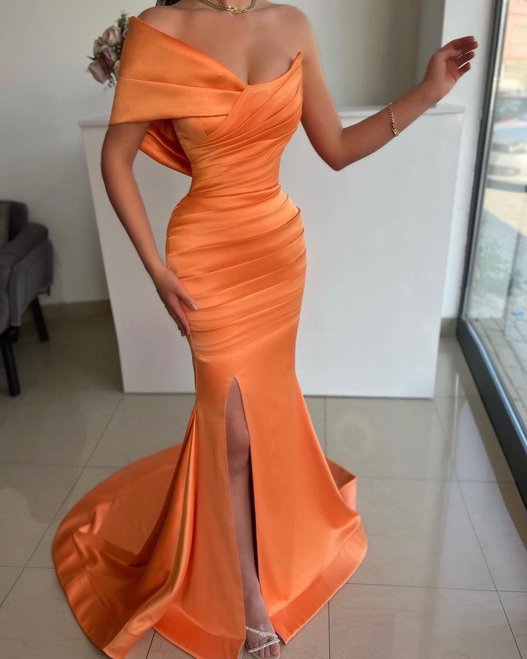 Sheath Mermaid Orange Off the Shoulder  Sweep/Brush Train Prom Dress With Split