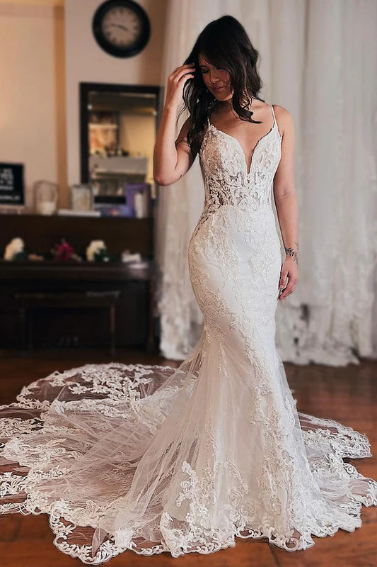 Elegant Mermaid V Neck Spaghetti Strap Backless Lace Mopping The Floor Wedding Dresses