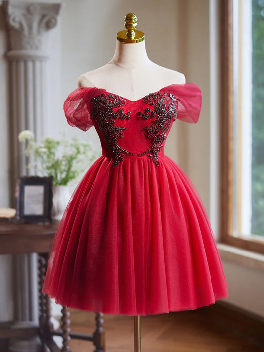 Elegant Prom Dress  A-Line Off Shoulder V Neck Tulle Short Fashion Bead string Homecoming Dress