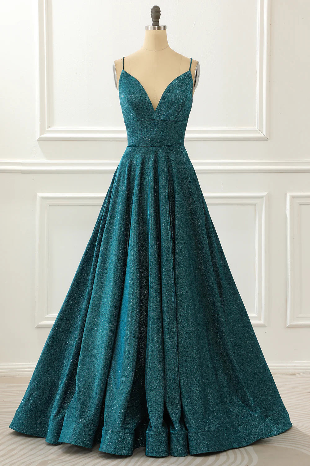 Blue V-Neck Spaghetti Straps Floor-Length Long Sparkly Prom Dress ﻿