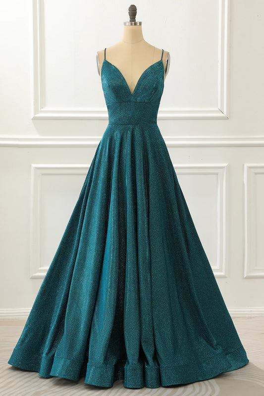 Blue V-Neck Spaghetti Straps Floor-Length Long Sparkly Prom Dress ﻿