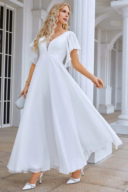 Chiffon V-Neck A-Line Long Dress with Flared Sleeves