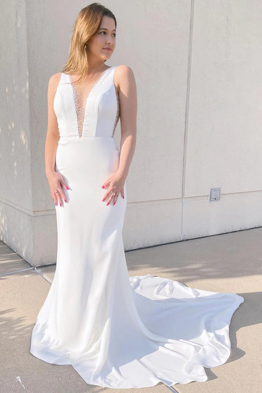Charming Mermaid V Neck Satin Back Buckle Long Wedding Dresses with Beading