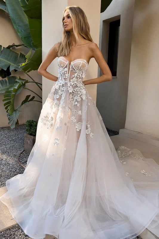 Elegant A Line Off-the-Shoulder Sweetheart Tulle Wedding Dresses with Appliques