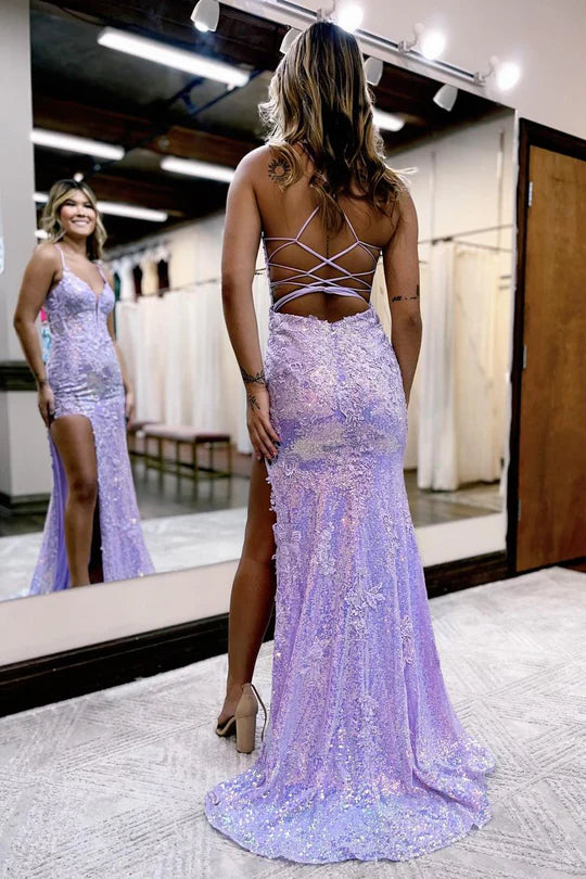 Cute Mermaid V Neck Spaghetti Strap Lavender Sequins Long Prom Dress with Appliques