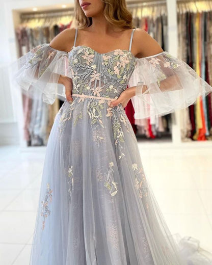 A Line Off the Shoulder Tulle Evening Sweep/Brush Train Dresses With Floral Appliques