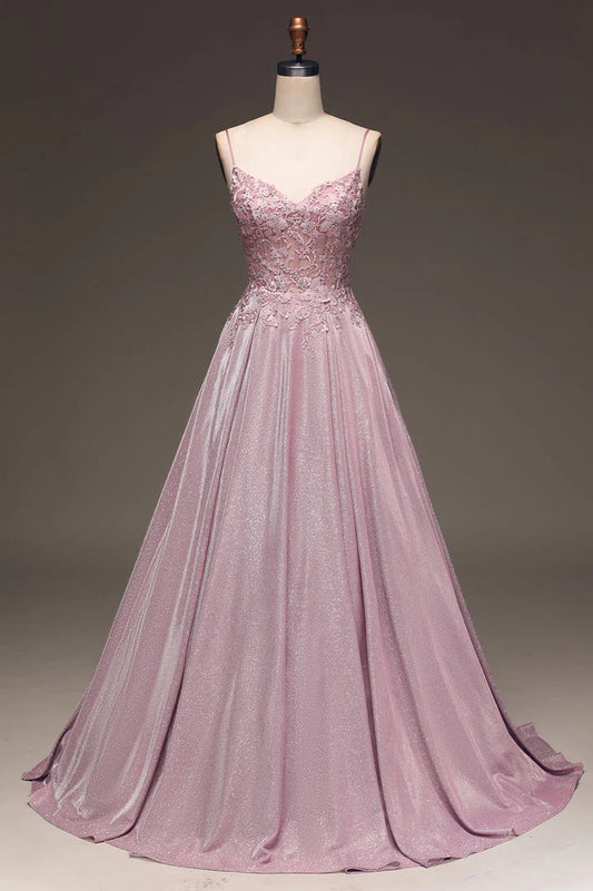 A Line Blush V-Neck Applique Beaded Spaghetti Straps Prom Dress