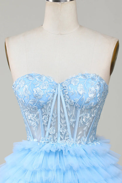 Blue Corset Off-the-Shoulder Cute Applique Tiered Homecoming Dress with Ruffles