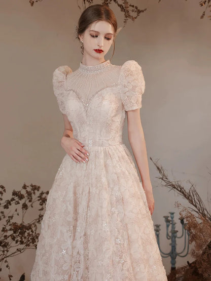 A-Line Prom Dress High Neck Lace Bead string Shining Long Heavy Handicraft Luxury Dress