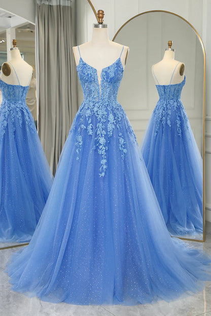 Blue V-Neck A-Line Spaghetti Straps Tulle Long Prom Dress With Appliques