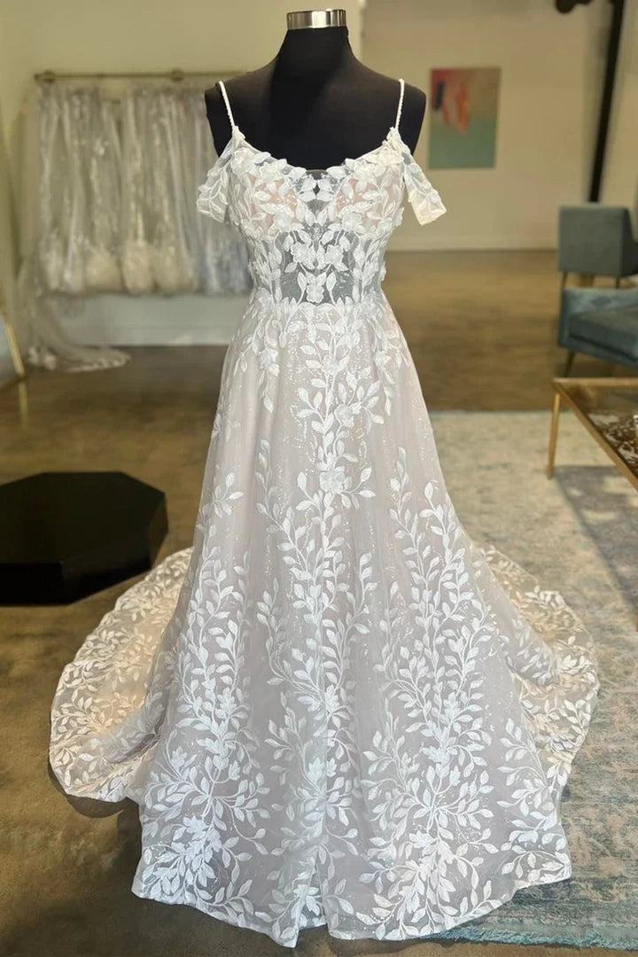 Ivory Cold-Shoulder Backless Spaghetti Strap Appliques A-Line Mopping The Floor Wedding Dress ﻿
