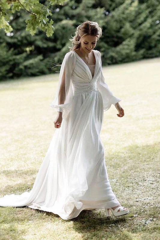 Bohemain A Line V Neck Chiffon Mopping The Floor Wedding Dresses with Long Sleeves
