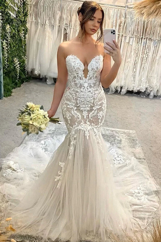 Elegant Mermaid Sweetheart Off-the-Shoulder Tulle Wrap The Buttocks Wedding Dresses with Appliques