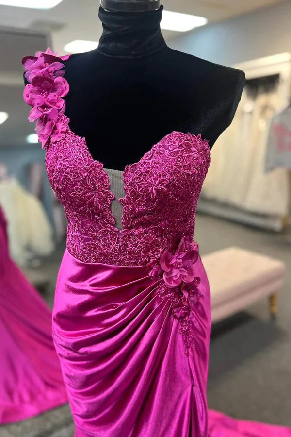 One-Shoulder  Floral Lace Pleated  Prom Gown with Slit
