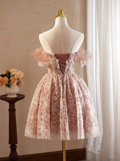 A-Line Prom Dress Off Shoulder Tulle Lace Short Flower Fantastic Dress