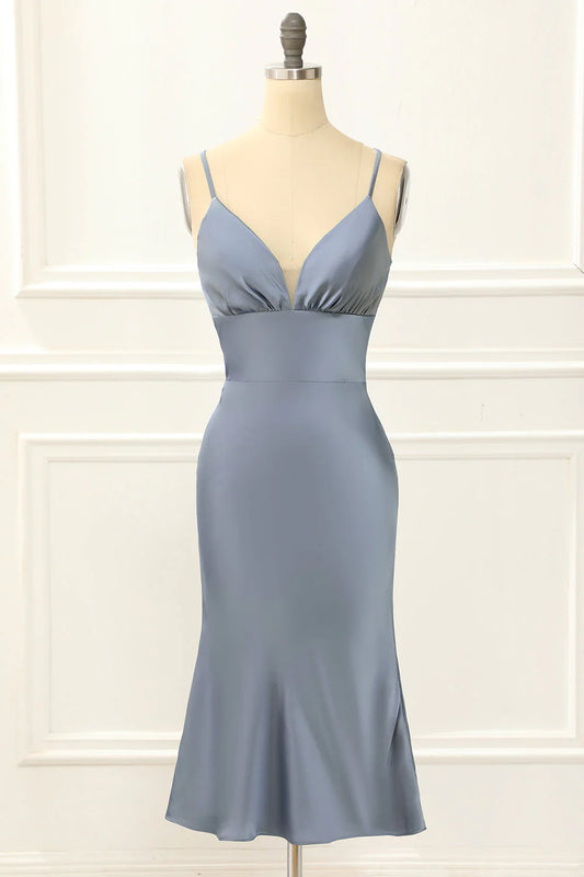 Grey Blue V-Neck Satin Spaghetti Straps Slim-fit Short Bridesmaid Dress