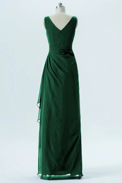 V-Neck Hunter Green Chiffon Sleeveless Ruffled Bridesmaid Dress