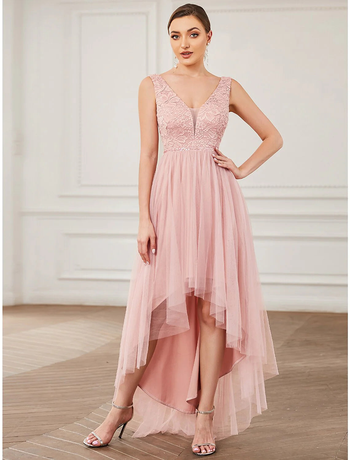 A-Line Bridesmaid Dress V Neck Sleeveless Elegant Short / Mini Lace / Tulle with Asymmetric Draping / Ruching