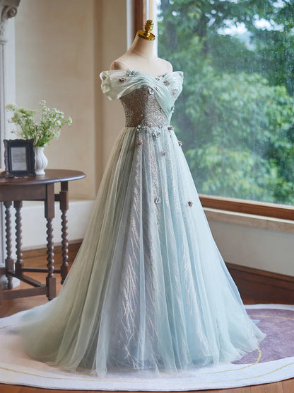 Elegant Fashion Long Evening Dress A-Line Off Shoulder Tulle Shining Long Unique Heavy handicraft Prom Dress