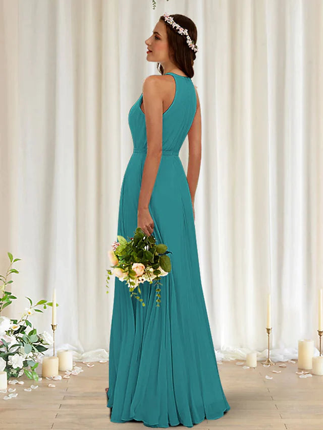 Bridesmaid Dress Halter Neck Sleeveless Elegant Floor Length Chiffon Lace with Pleats