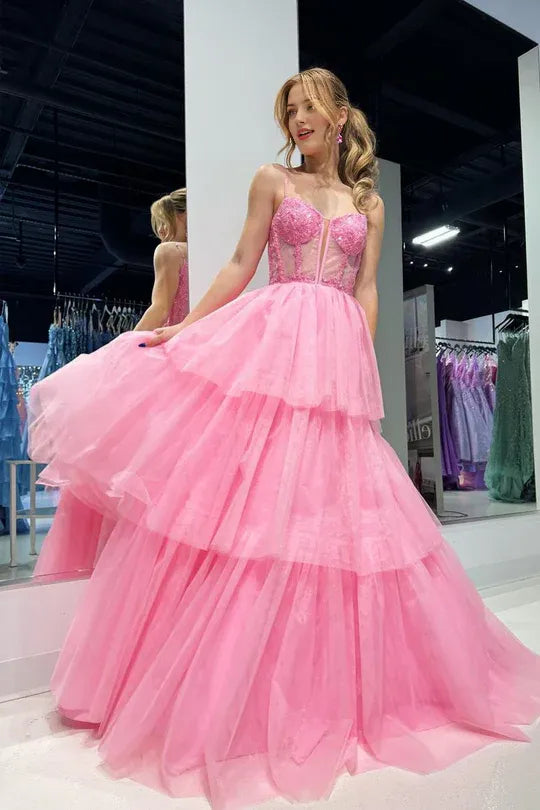 Cute A Line Sweetheart  V-Neck Spaghetti Strap Tiered Tulle Pink Prom Dress