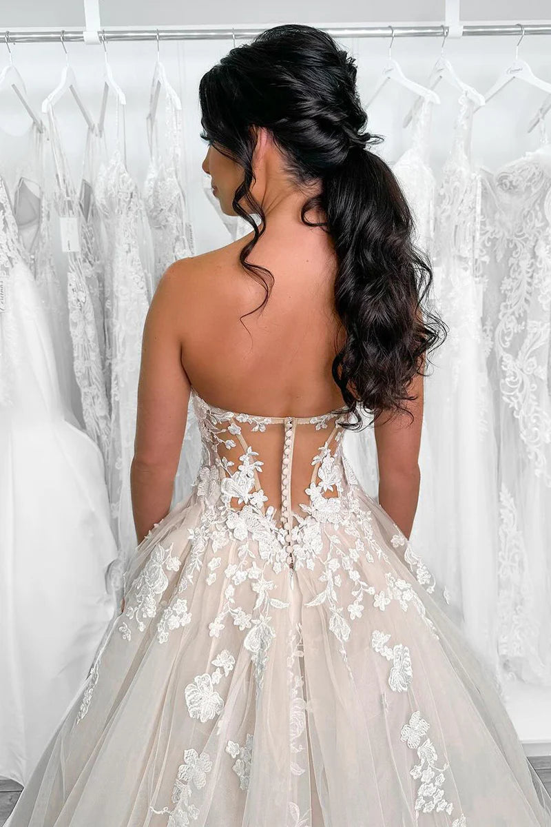 Elegant A-Line V-Neck Off-the-Shoulder Strapless Tulle Lace Floor-Length Wedding Dresses
