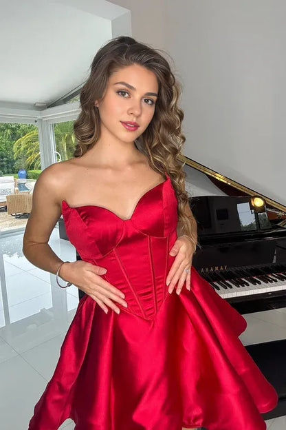 Cute Bodycon Off-the-Shoulder Sweetheart Red Satin Short Homecoming Dresses