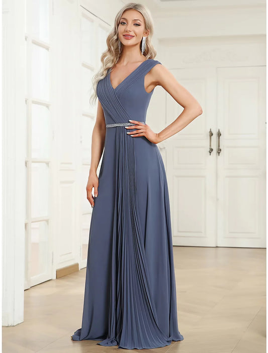 A-Line Wedding Guest Dresses Minimalist Dress Formal Floor Length Sleeveless V Neck Chiffon with Pleats Pure Color