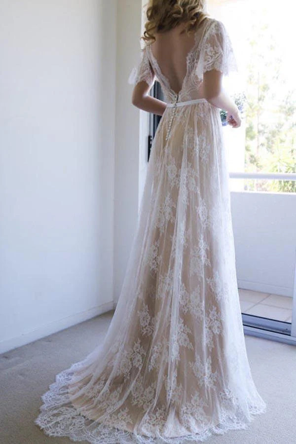 Romantic A-line White Lace Long Wedding Dress with Open Back