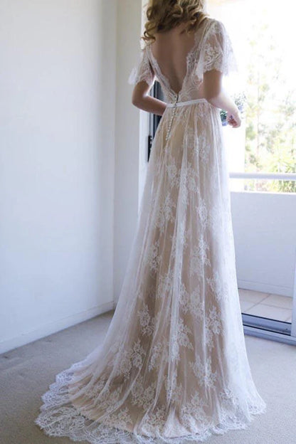 Romantic A-line White Lace Long Wedding Dress with Open Back