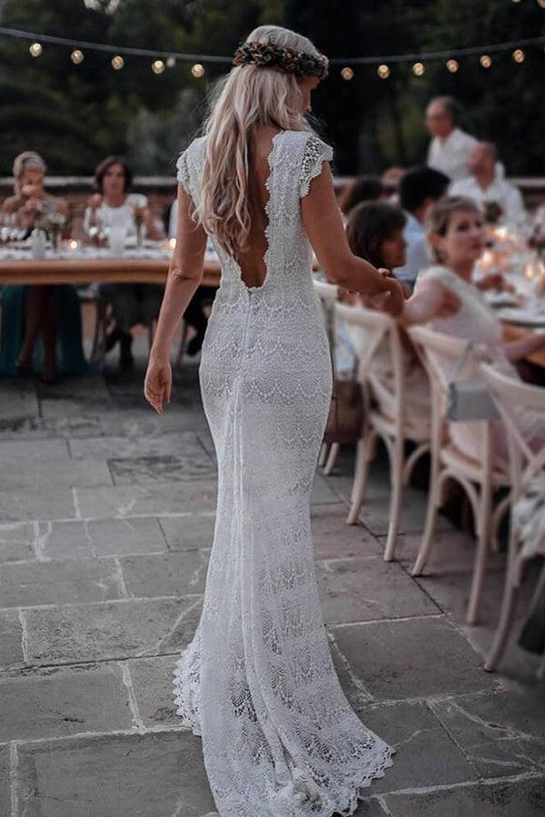 Mermaid Backless Lace Boho Cap Sleeve Bohemian Wedding Dress