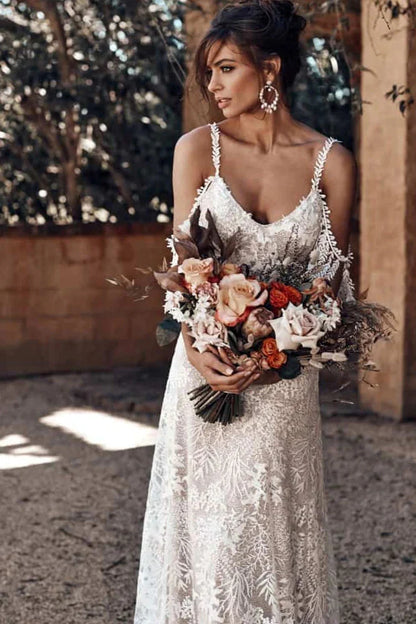 Bohemian Scoop Neckline Backless Beach Wedding Dress