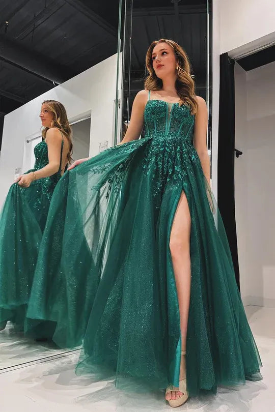 Elegant A Line Spaghetti Straps Green Tulle Backless Prom Dress with Appliques