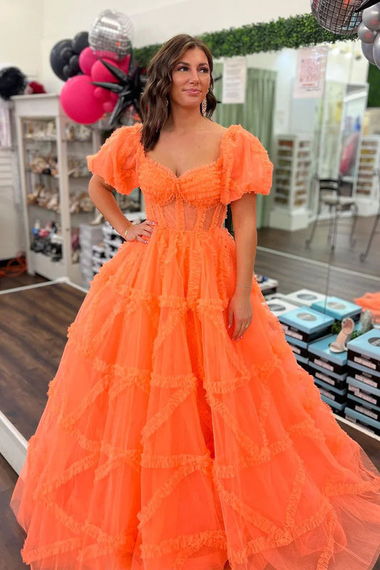 Cute Ball Gown Sweetheart Orange V-Neck Tulle Prom Dress