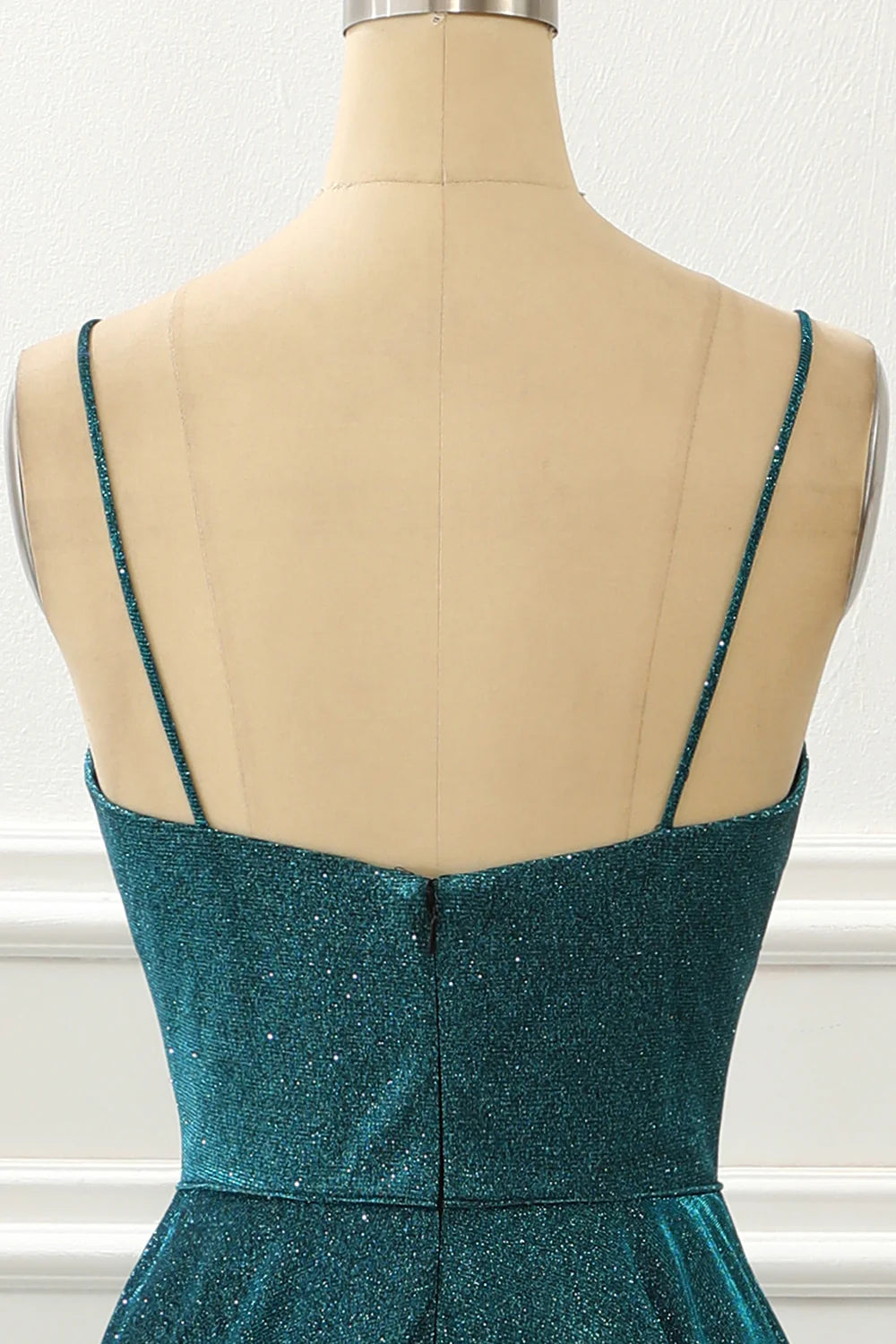 Blue V-Neck Spaghetti Straps Floor-Length Long Sparkly Prom Dress ﻿