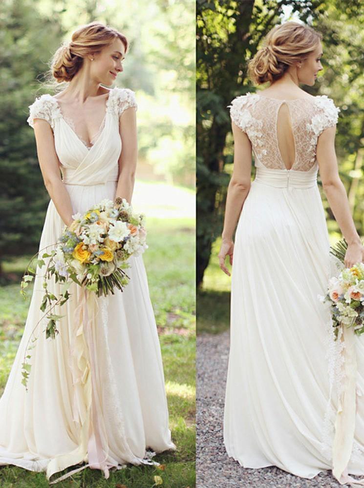 Deep V Neck Cap Sleeve Wedding Dresses Sheer Back Appliques Wedding Gown