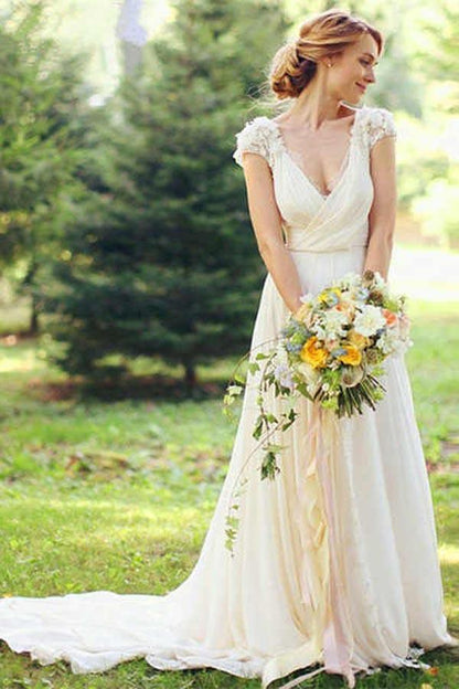 Deep V Neck Cap Sleeve Wedding Dresses Sheer Back Appliques Wedding Gown