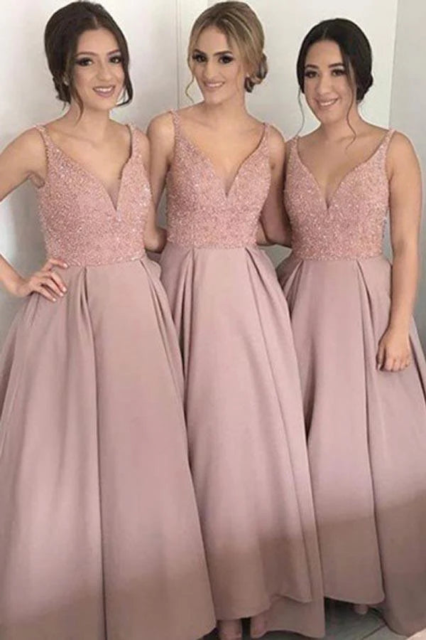 Deep V-Neck Floor-Length Blush Satin Bridesmaid Dress with Beading