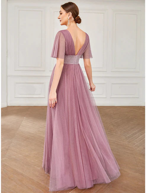 A-Line Bridesmaid Dress V Neck Short Sleeve Plus Size Floor Length Tulle with Ruffles / Draping / Tier / Butterfly Sleeve