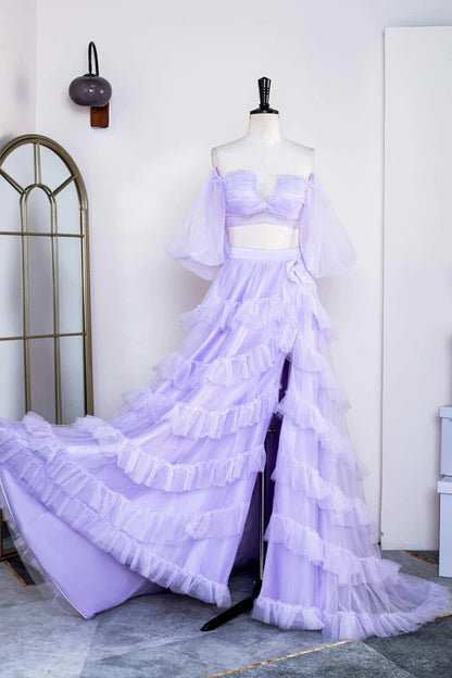 Off the Shoulder Ruffles Prom Dress with Slit