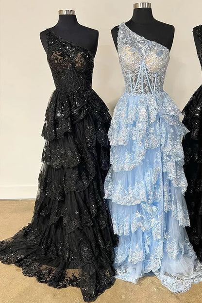 Tulle Sequin One-Shoulder Long Prom Dress with Slit