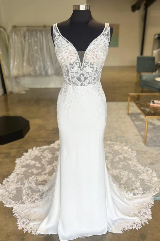 White Plunge V Strapless Backless Lace Wrap The Buttocks Mermaid Long Bridal Gown ﻿