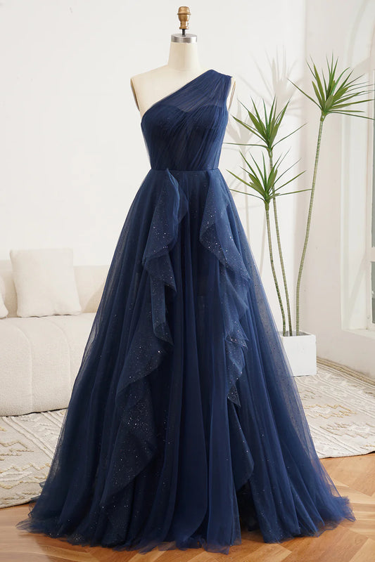 A Line Navy One Shoulder Lace-Up Back Tulle Long Prom Dress ﻿