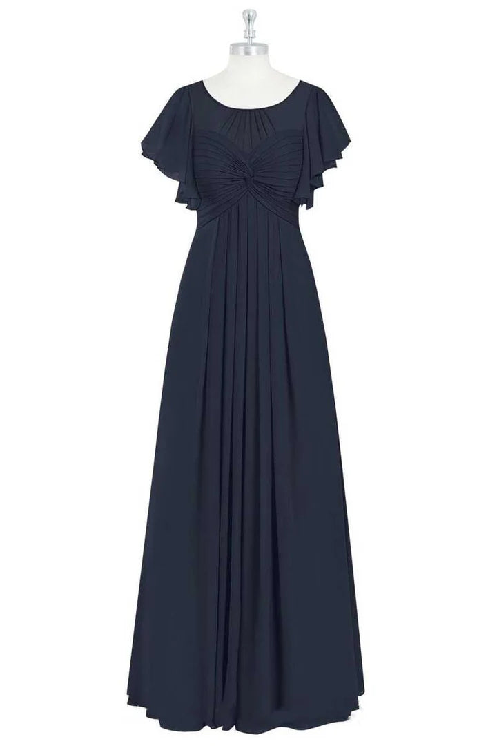 Black Chiffon Crew Neck Ruffled Retract your waist A-Line Bridesmaid Dress