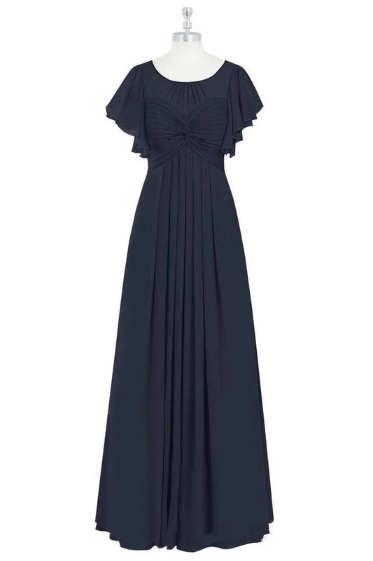 Black Chiffon Crew Neck Ruffled Retract your waist A-Line Bridesmaid Dress