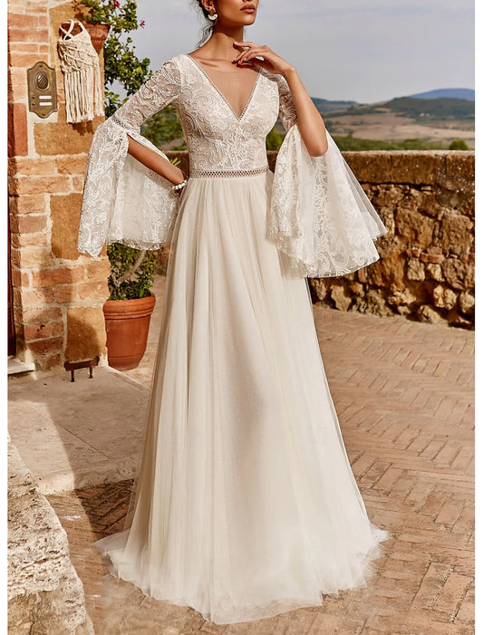 Fall November December Wedding Dresses A-Line V Neck Long Sleeve Sweep / Brush Train Lace Draping Fantastic Bridal Gowns